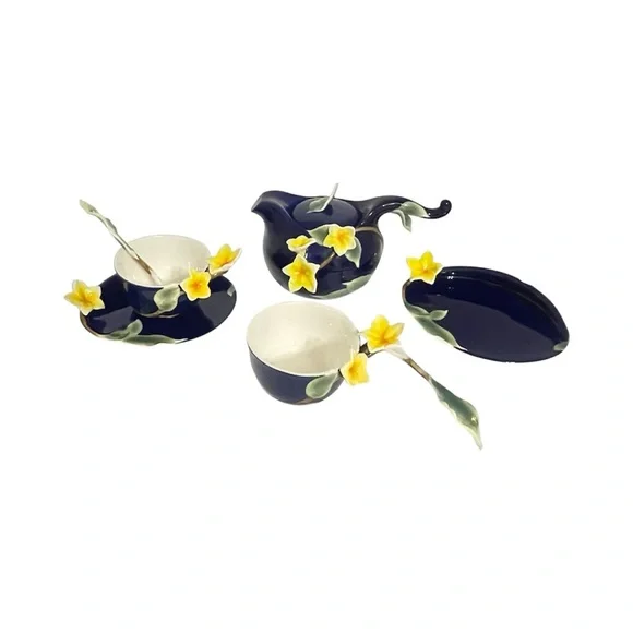 Sorelle Fine Porcelain Tea SetCobalt Blue With Yellow Jasmine Flowers. 8 Pieces - Picture 1 of 8